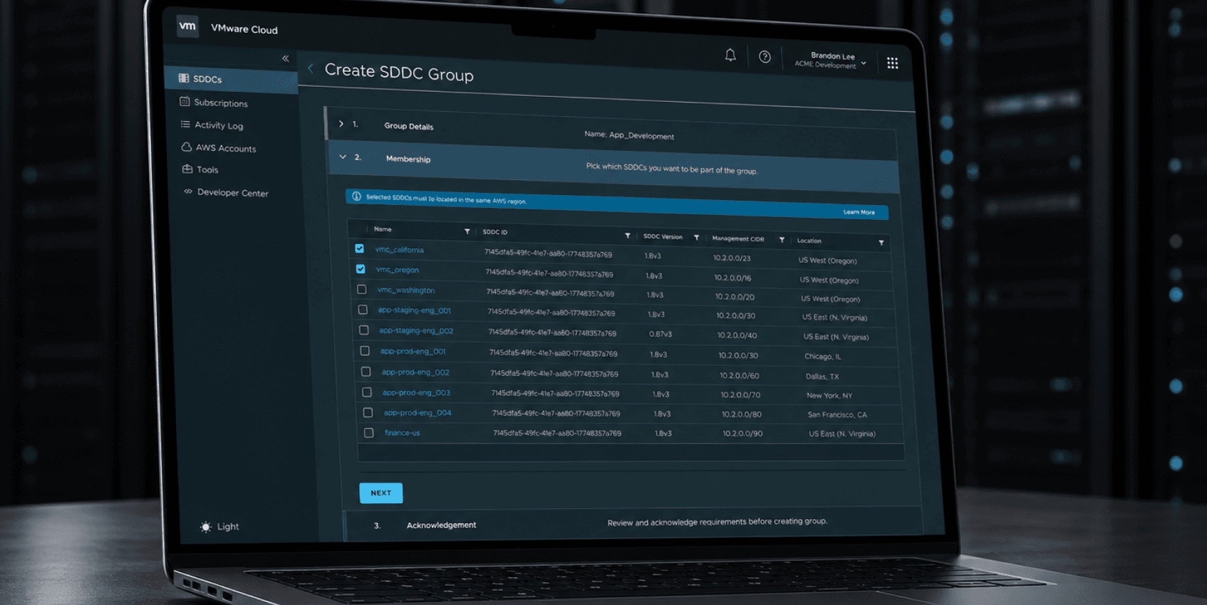 VMware Cloud interface showing SDDC navigation and an application development group overview