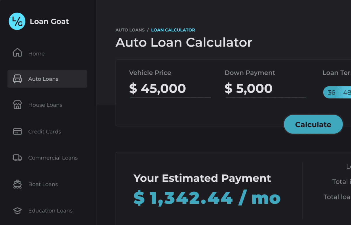 Loan Goat auto loan calculator with vehicle price, down payment, and estimated monthly payment