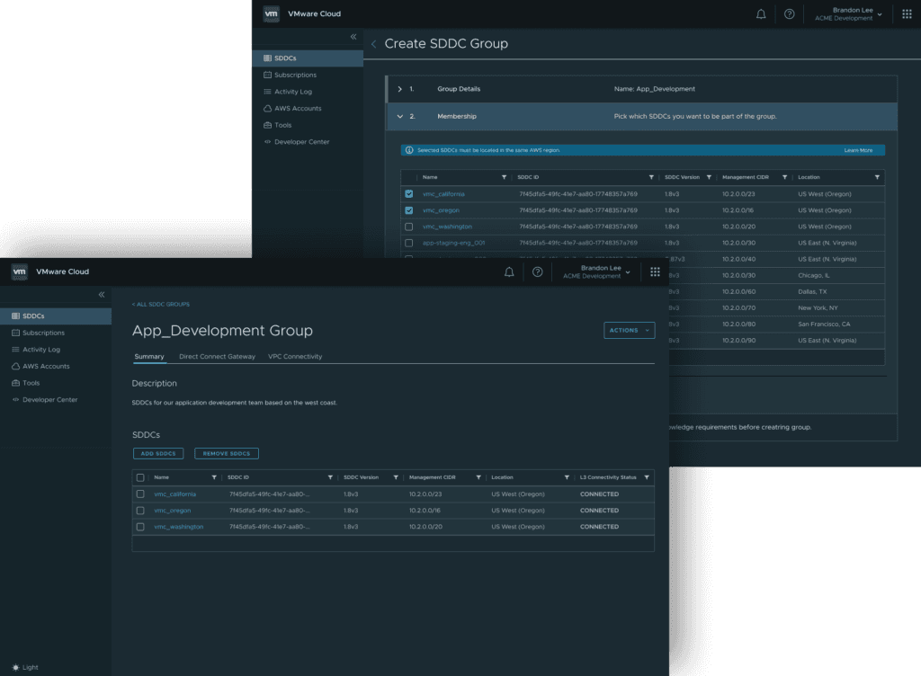 SDDC Deployment Groups prototype used in customer testing