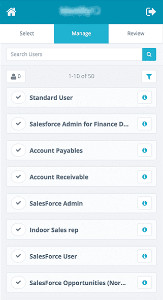 Shipped mobile screen for selecting roles and entitlements