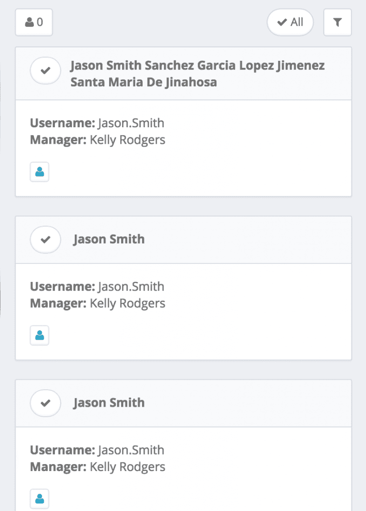 Initial mobile list page with detailed identity cards